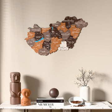 Soil Hungary wooden wall map above a marble console, front view