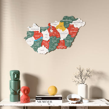 Flag colored Hungary wooden wall map above a marble console, front view