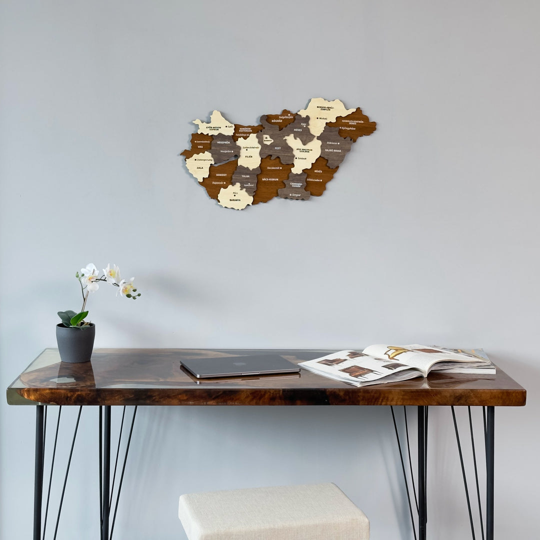 Hungary wooden map on the wall above a desk with an orchid