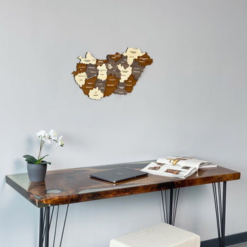 Hungary wood map centered above a desk with an orchid, tight crop