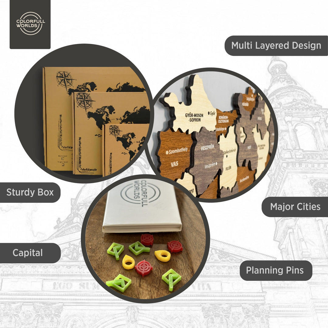 Wooden Hungary map features: multi-layered design, capital and major cities, planning pins, sturdy box