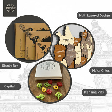 Wooden Hungary map features: multi-layered design, capital and major cities, planning pins, sturdy box