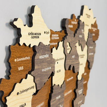 Close-up of the layered counties and city labels on the wooden Hungary map