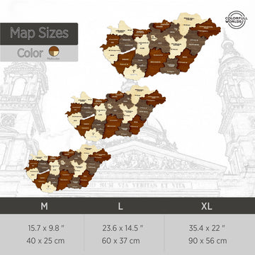 Size chart for the wooden Hungary map: M 40 x 25 cm, L 60 x 37 cm, XL 90 x 56 cm