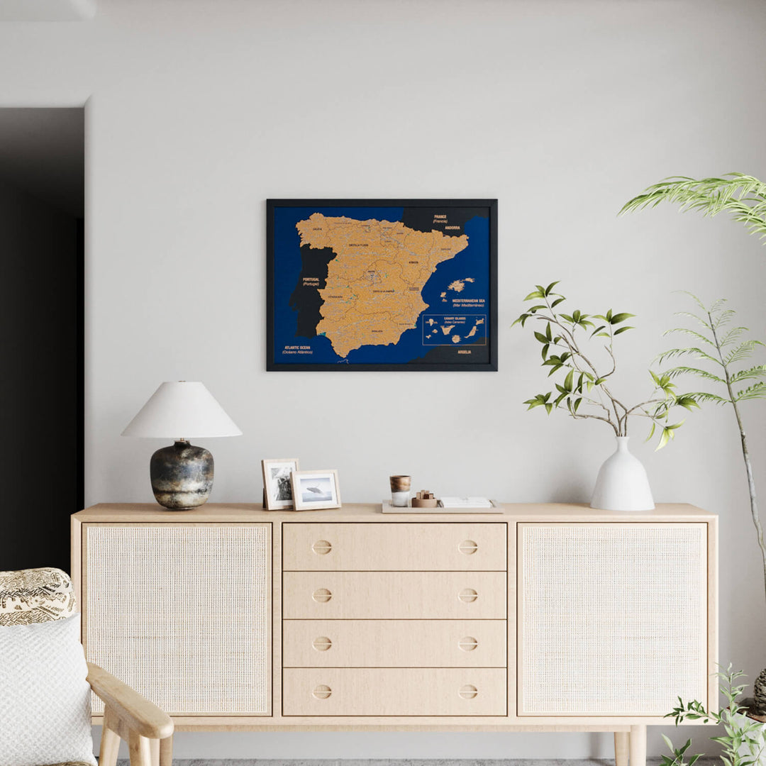 Framed Spain Cork Wall Map Decor