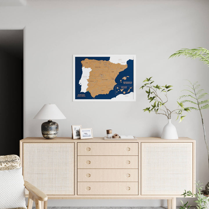 Framed Spain Cork Wall Map Decor