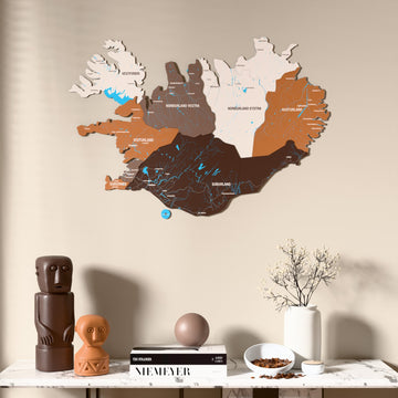 Soil Iceland wooden wall map above a marble console, front view