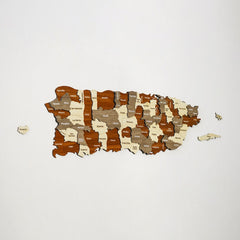 Puerto Rico wooden wall map with municipality names in brown, gray and beige layered wood, front view
