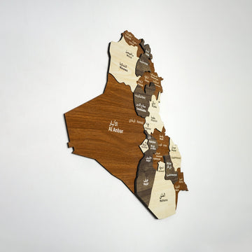 Wooden Iraq map angled from the left, with Al Anbar in walnut wood and layered edges visible