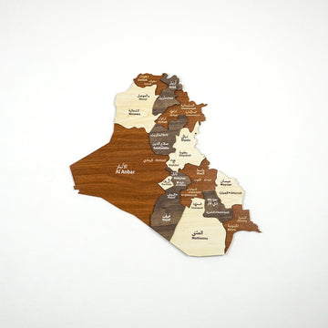 Multicolor 3D wooden Iraq wall map with governorate names in English and Arabic, front view