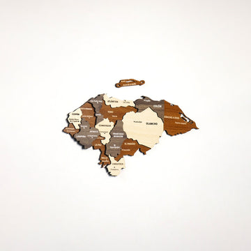 Wooden Honduras map in brown, walnut and birch tones, medium distance with Olancho and Colón labels