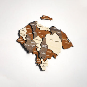 Angled view of the 3D wooden Honduras map with layered departments and the separate Bay Islands piece