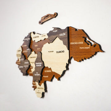 Wooden Honduras map from a three-quarter angle with Olancho and Gracias a Dios in light and red wood