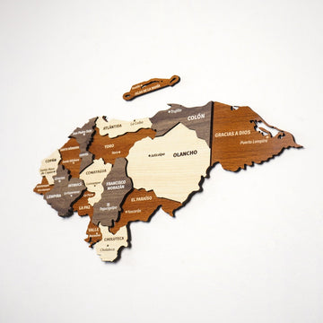 Multicolor 3D wooden Honduras wall map with department names and Bay Islands piece, front view