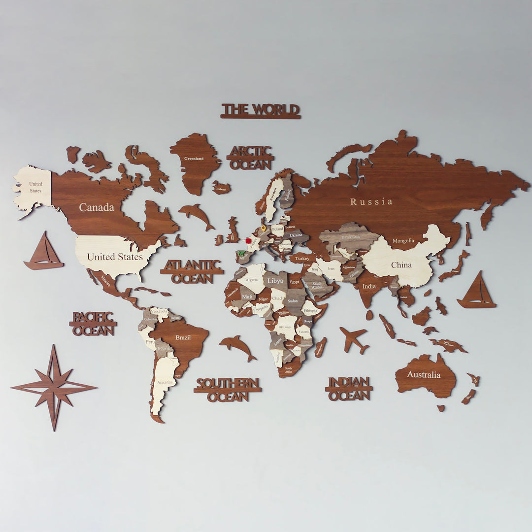 Wooden world map with pins - Natural exotic wood LIMBA I Map it Studio