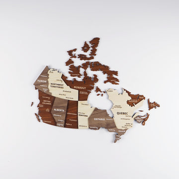 Full wooden Canada map with the Arctic islands in dark brown and Quebec in cream, shown on a pale gray wall