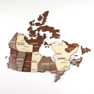 3D wooden Canada map with province and territory names in brown, taupe and cream layers on a light backdrop