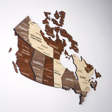 Close view of the wooden Canada map showing Yukon, Northwest Territories, British Columbia, Alberta and Ontario