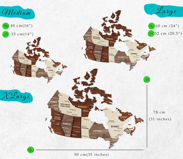 Size chart for the wooden Canada map: Medium 40 x 35 cm, Large 60 x 52 cm and XLarge 90 x 78 cm (35 x 31 in)