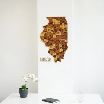 Wooden Illinois map with its ILLINOIS lettering above a white desk, close view