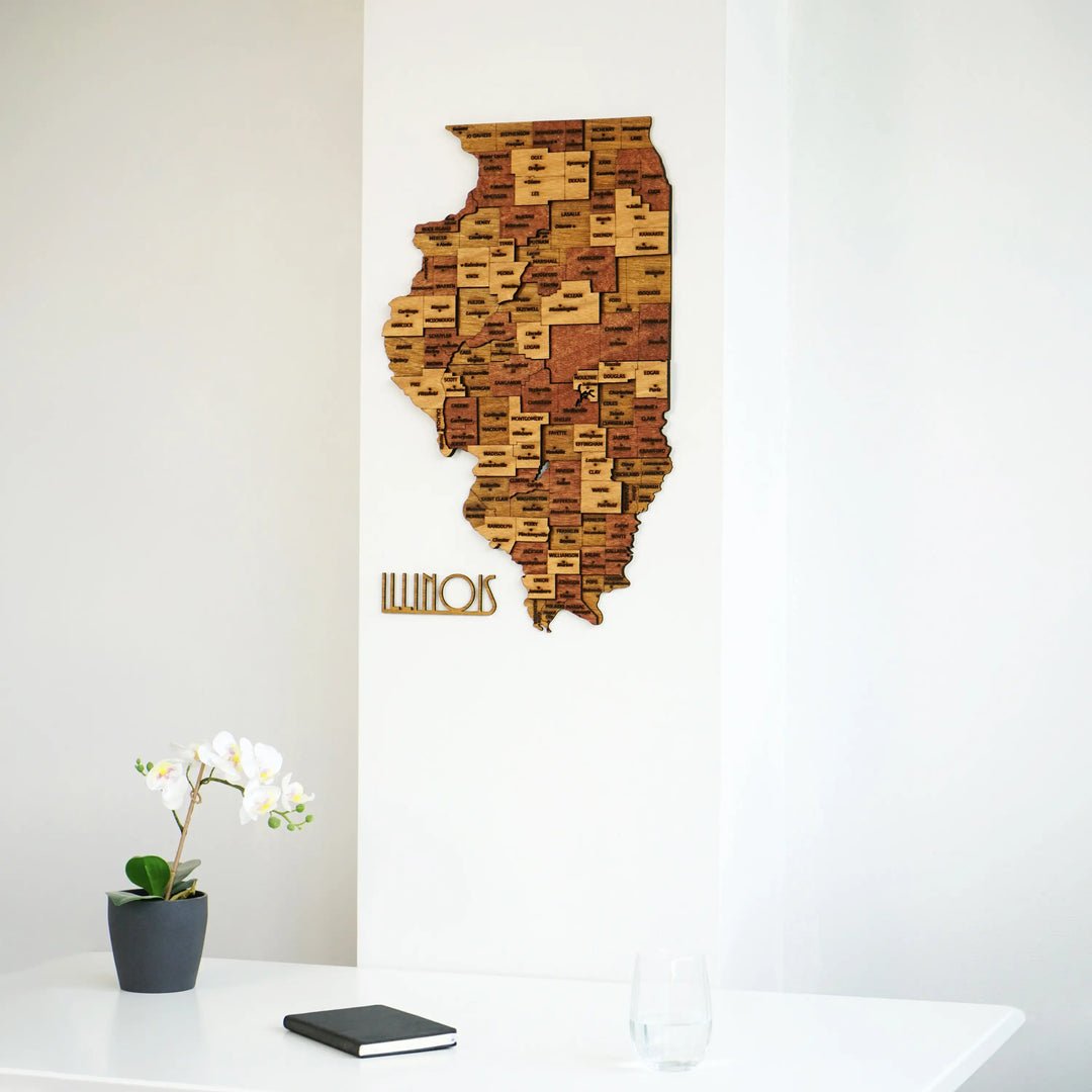 Illinois wooden wall map with ILLINOIS cut-out letters above a white desk, mid-distance view