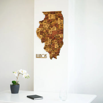 Illinois wooden wall map with ILLINOIS cut-out letters above a white desk, mid-distance view
