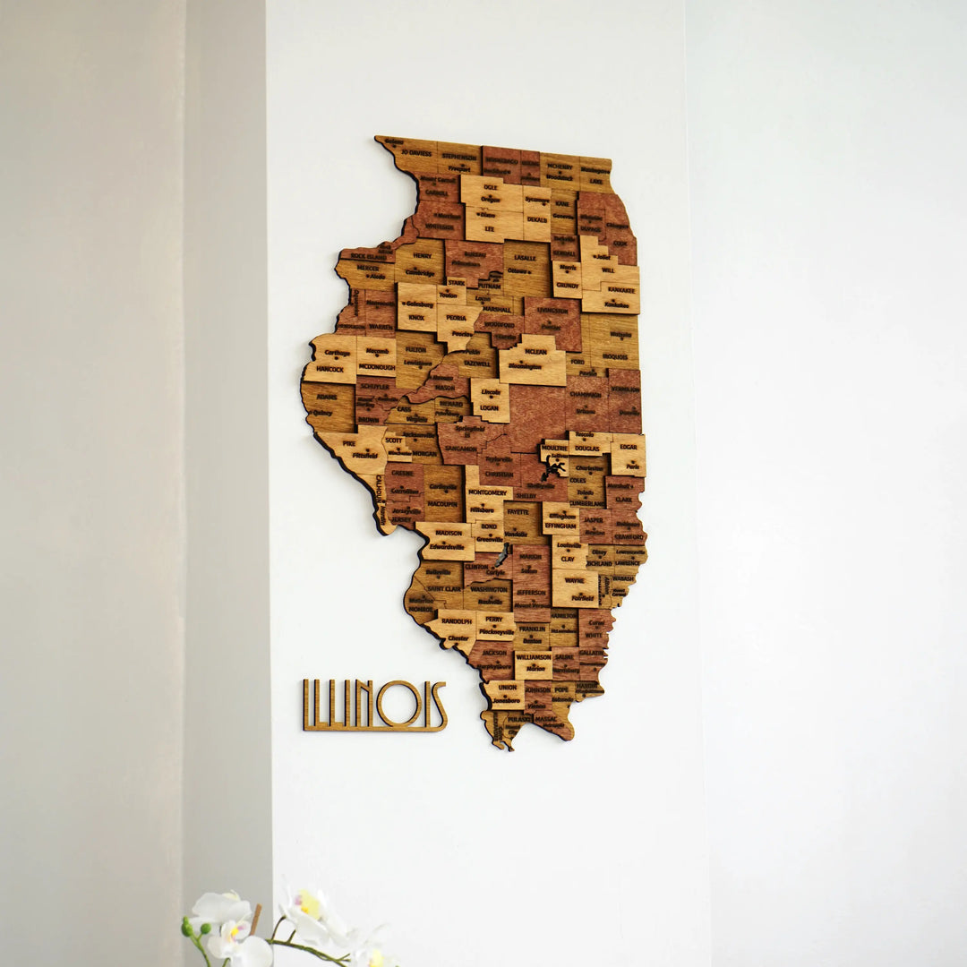 3D wooden Illinois map with engraved county names in layered wood tones and a cut-out ILLINOIS name beside it