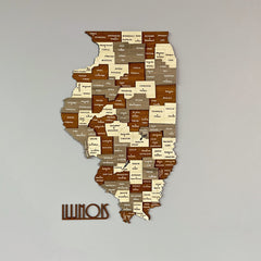 Multicolor 3D wooden Illinois county map with the state name cut-out below, front view on a gray wall