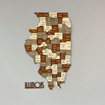 Multicolor 3D wooden Illinois county map with the state name cut-out below, front view on a gray wall