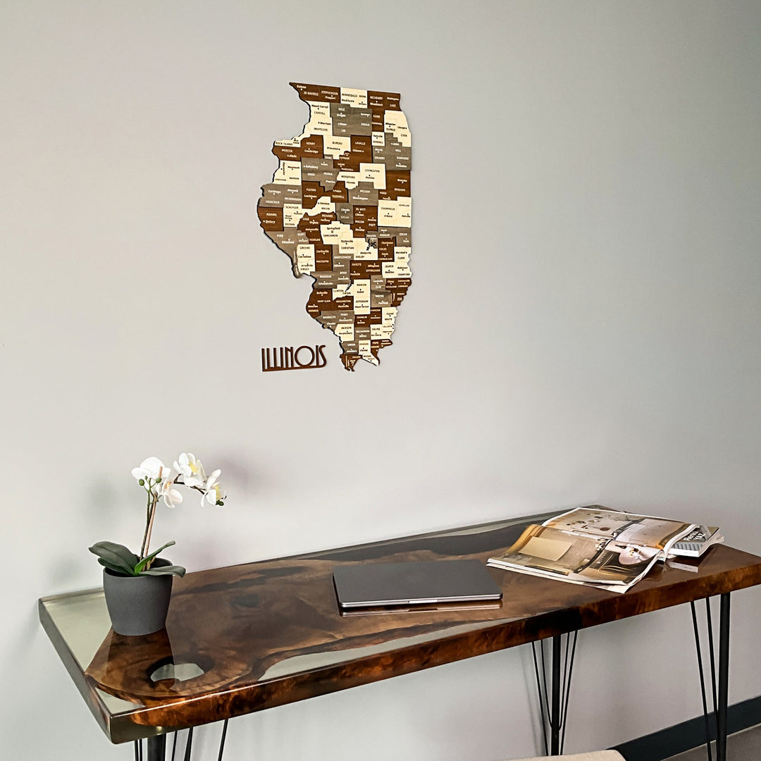Wooden Illinois wall map above the corner of a walnut desk with an orchid