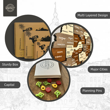 Infographic of the Illinois wood map: multi layered design, major cities, capital, planning pins, sturdy box