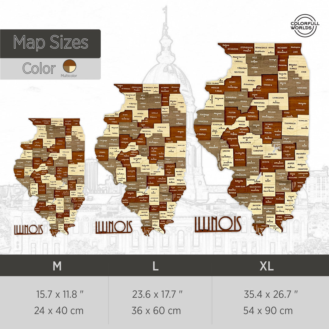 Size chart for the wooden Illinois map: M 24 x 40 cm, L 36 x 60 cm and XL 54 x 90 cm, multicolor