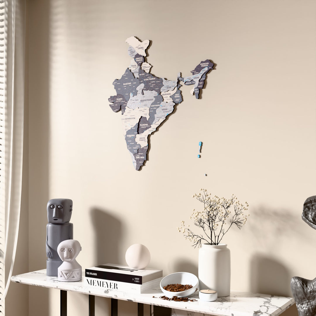 Nimbus India wooden wall map beside a sheer curtain, angled view