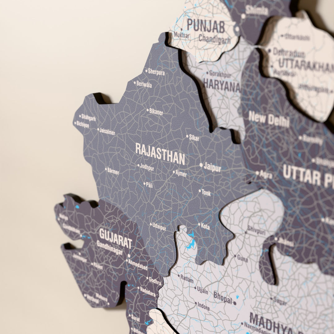 Close-up of the Nimbus India wooden wall map with layered regions and printed names