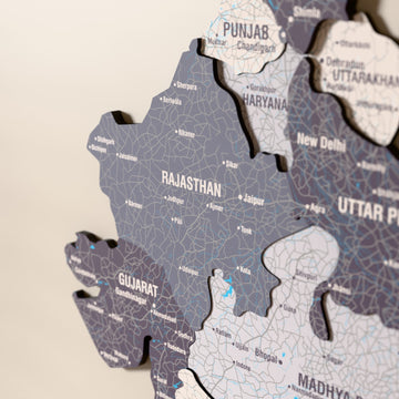 Close-up of the Nimbus India wooden wall map with layered regions and printed names