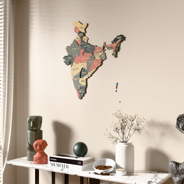 Sage India wooden wall map beside a sheer curtain, angled view