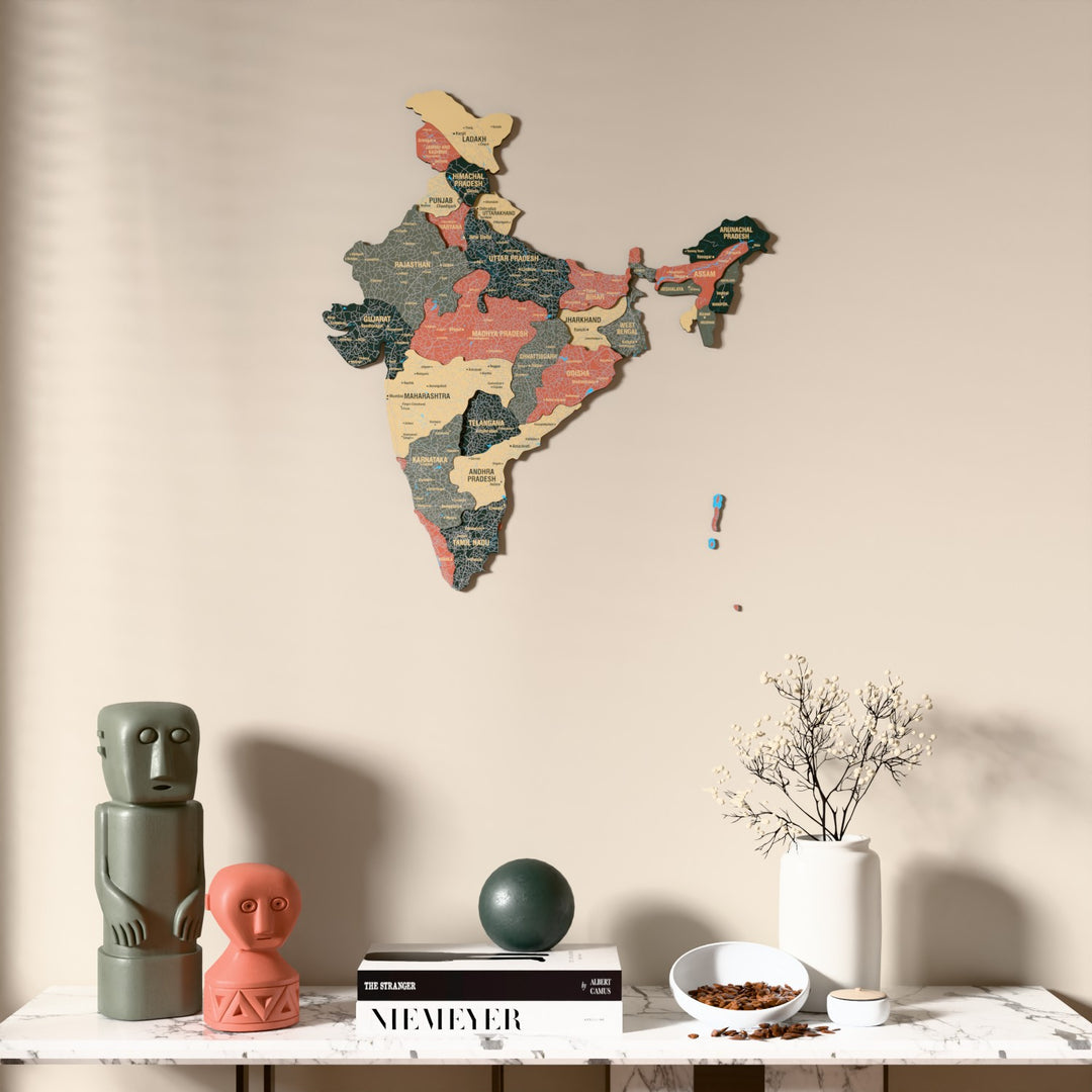 Sage India wooden wall map above a marble console, front view