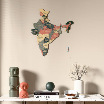 Sage India wooden wall map above a marble console, front view