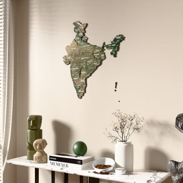 Satellite India wooden wall map beside a sheer curtain, angled view