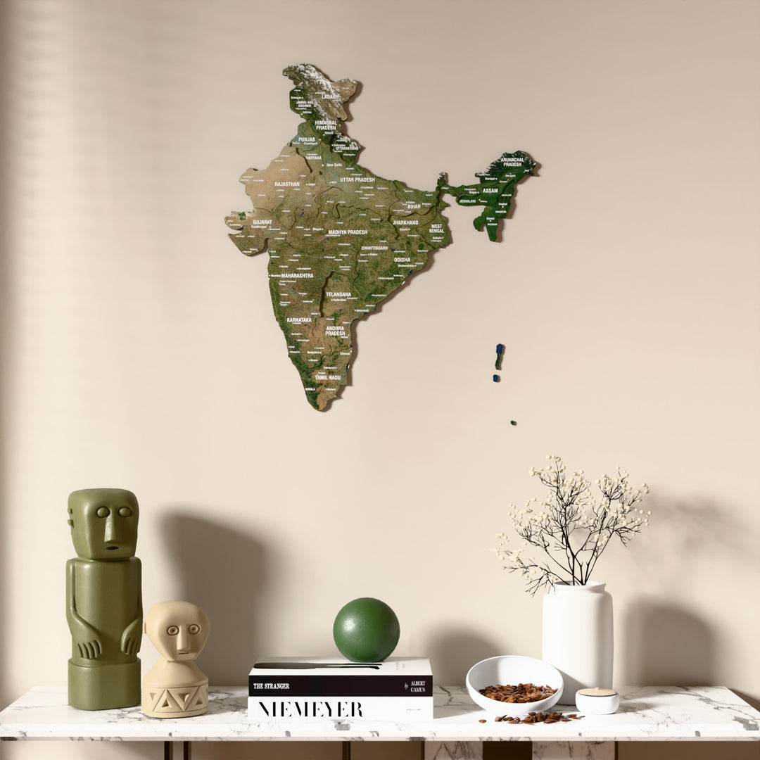 Satellite India wooden wall map above a marble console, front view