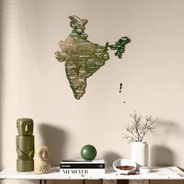 Satellite India wooden wall map above a marble console, front view