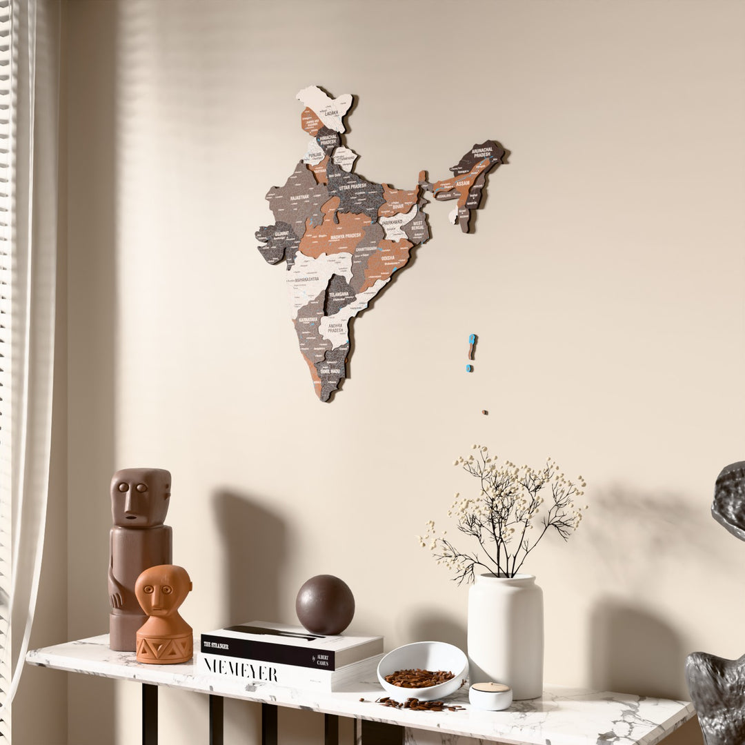 Soil India wooden wall map beside a sheer curtain, angled view