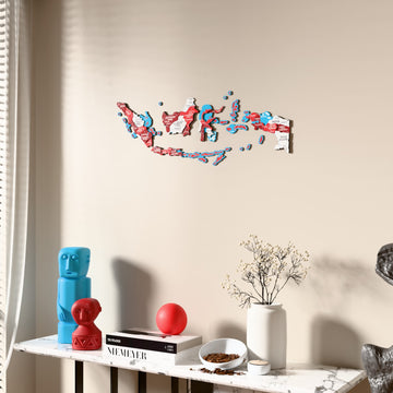 Flag colored Indonesia wooden wall map beside a sheer curtain, angled view