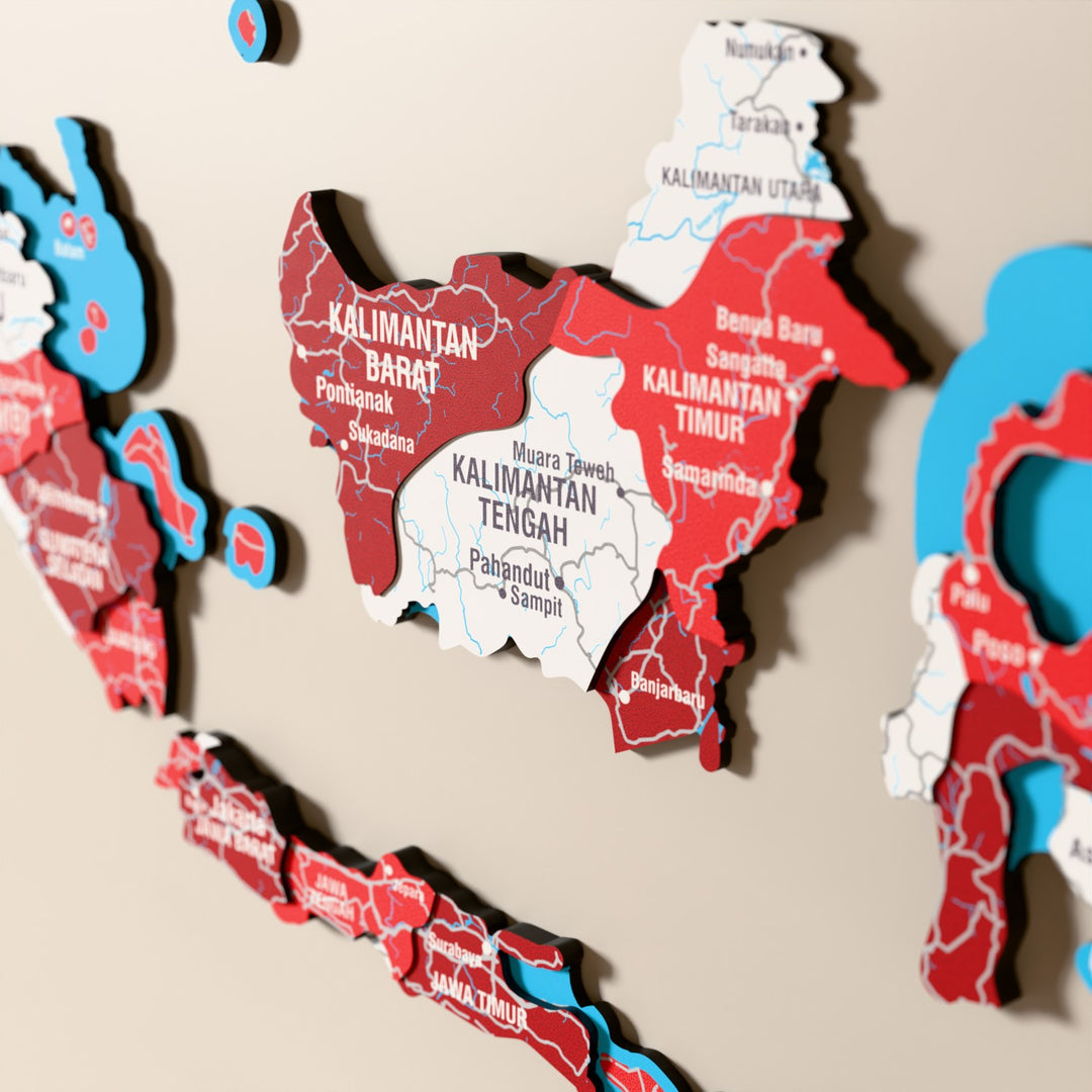 Close-up of the Flag colored Indonesia wooden wall map with layered regions and printed names