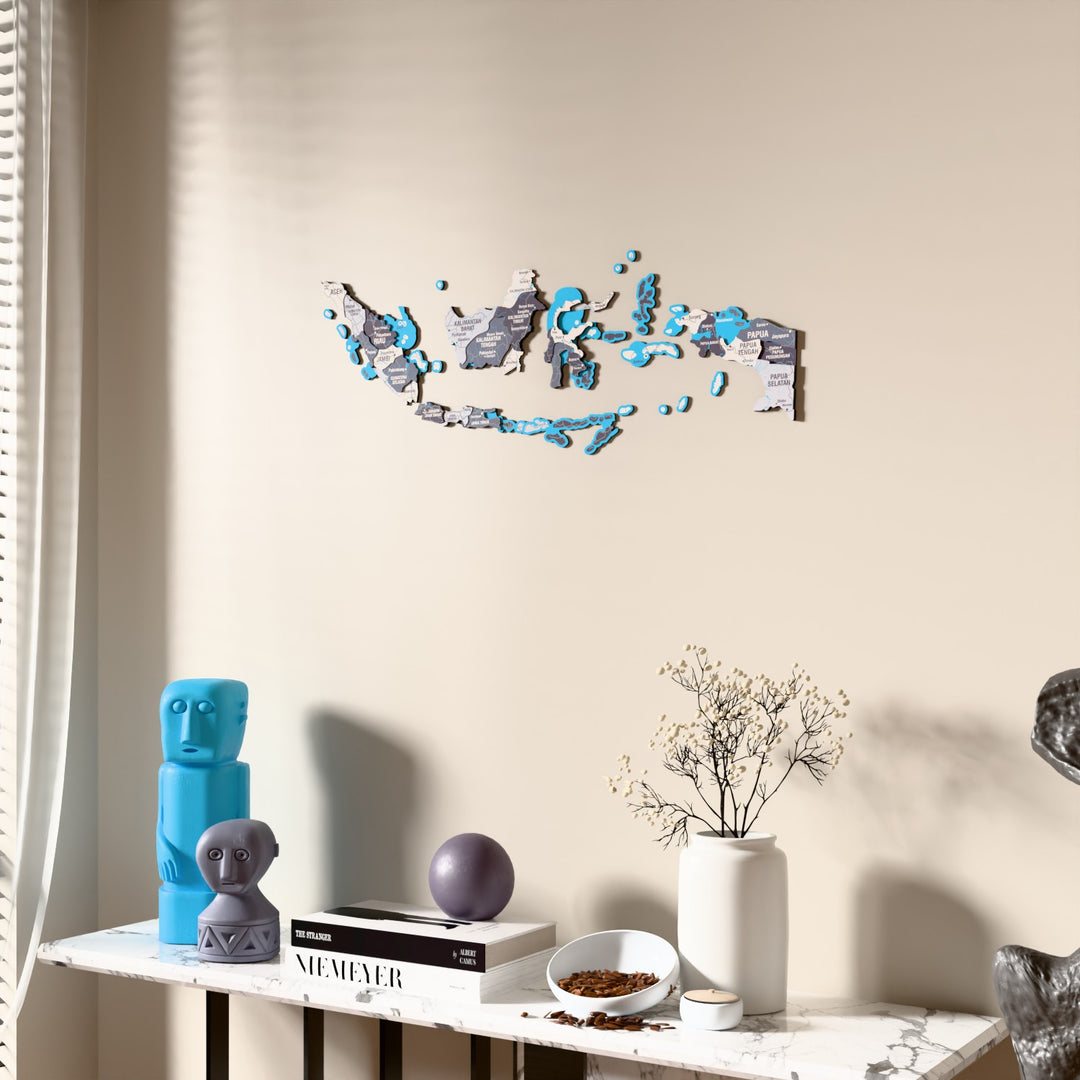 Nimbus Indonesia wooden wall map beside a sheer curtain, angled view