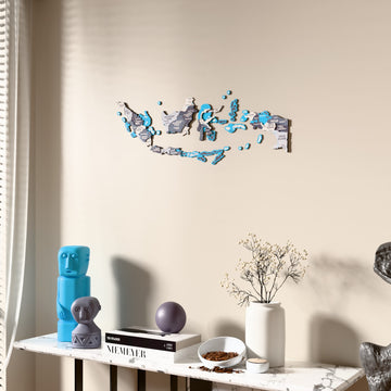 Nimbus Indonesia wooden wall map beside a sheer curtain, angled view