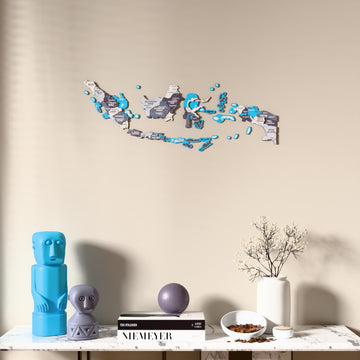 Nimbus Indonesia wooden wall map above a marble console, front view