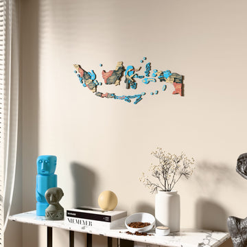 Sage Indonesia wooden wall map beside a sheer curtain, angled view