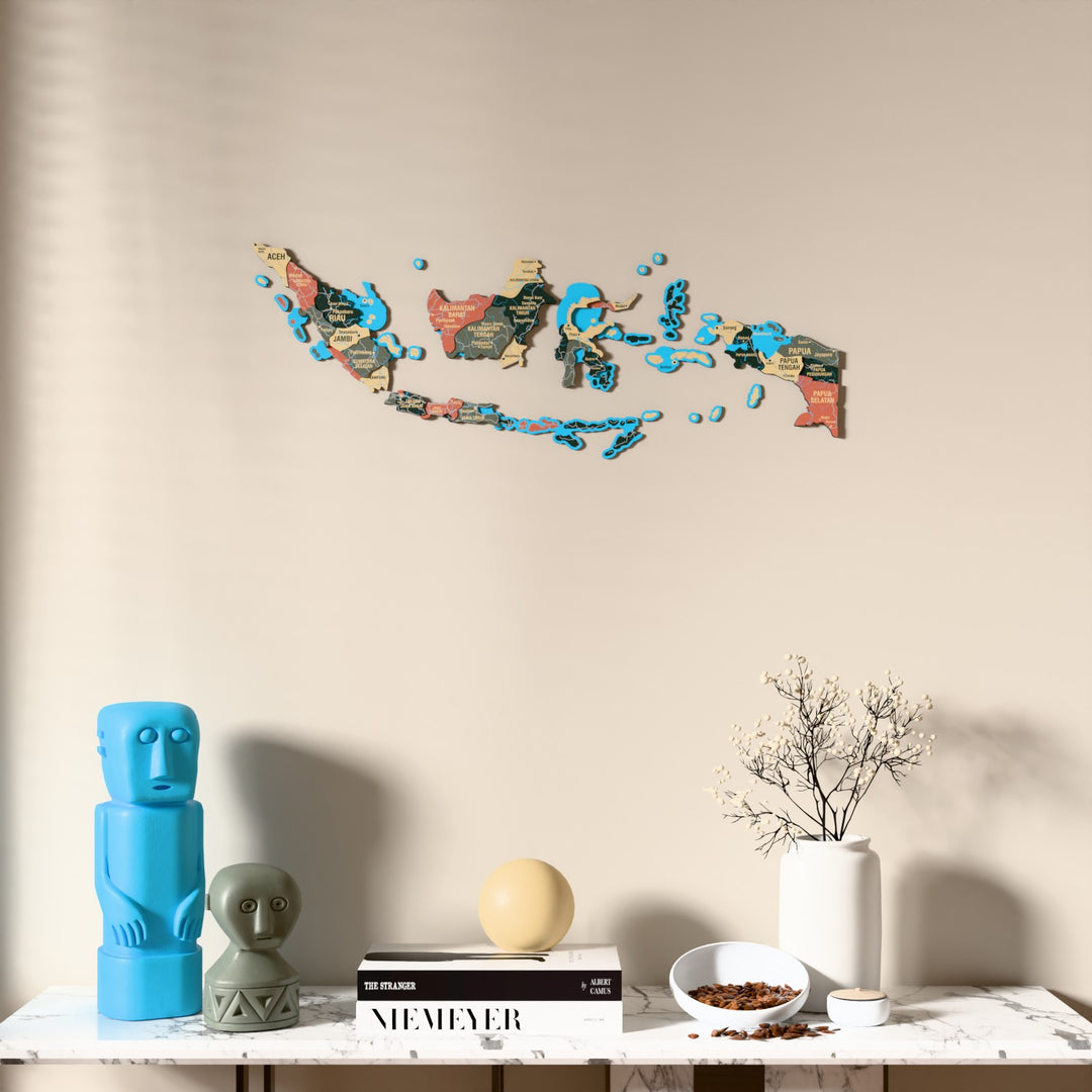 Sage Indonesia wooden wall map above a marble console, front view