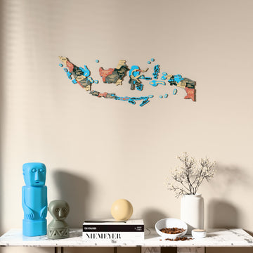 Sage Indonesia wooden wall map above a marble console, front view